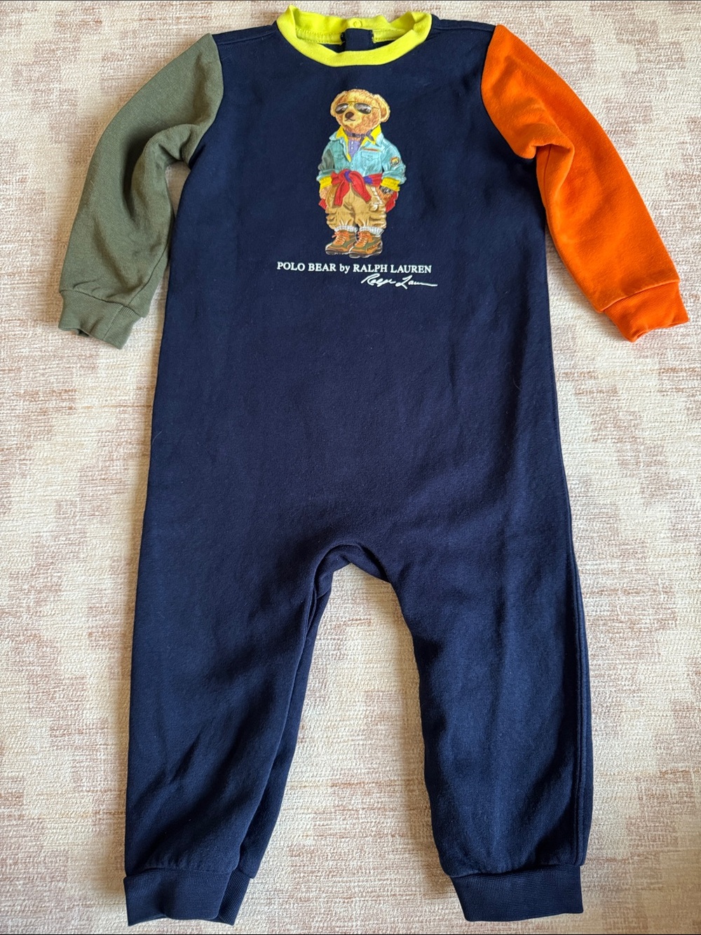 Ralph Lauren Navy One-Piece Romper with Colorblock Green and Orange Sleeves 18M